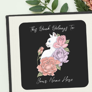 White Cat Pastel Floral Black Romantic Bookplate