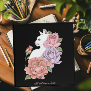 White Cat Pastel Floral Black Romantic Botanical 3 Ring Binder