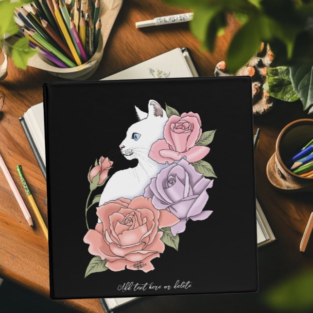 White Cat Pastel Floral Black Romantic Botanical 3 Ring Binder (Creator Uploaded)