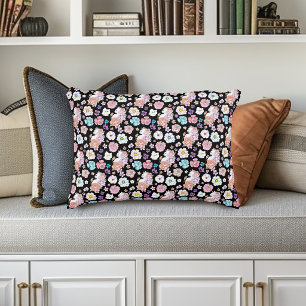 White Cat Pastel Floral Black Romantic Botanical Accent Pillow