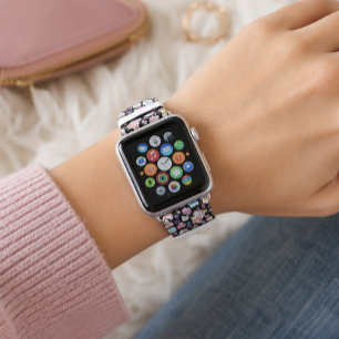 White Cat Pastel Floral Black Romantic Botanical Apple Watch Band
