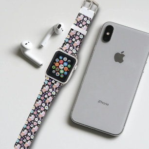 White Cat Pastel Floral Black Romantic Botanical Apple Watch Band