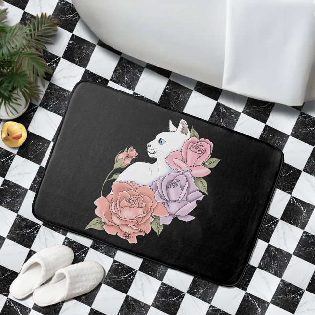 White Cat Pastel Floral Black Romantic Botanical Bath Mat (Creator Uploaded)