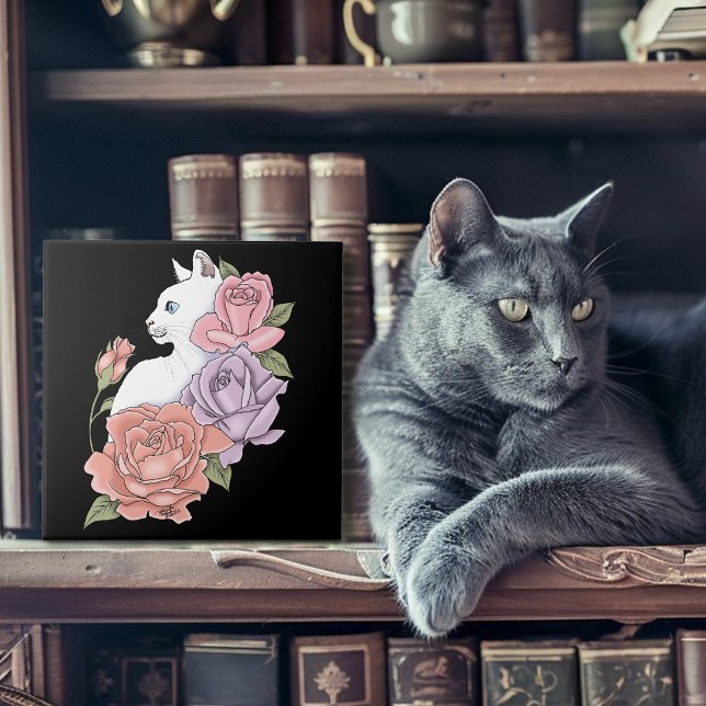 White Cat Pastel Floral Black Romantic Botanical Ceramic Tile (Creator Uploaded)