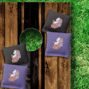 White Cat Pastel Floral Black Romantic Botanical Cornhole Bags