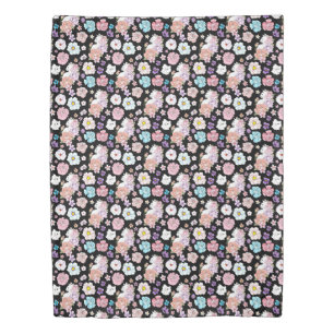 White Cat Pastel Floral Black Romantic Botanical Duvet Cover