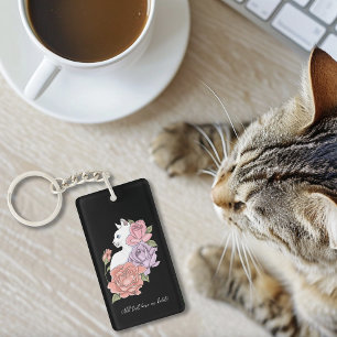 White Cat Pastel Floral Black Romantic Botanical Keychain