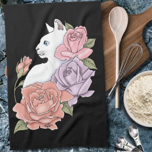 White Cat Pastel Floral Black Romantic Botanical Kitchen Towel