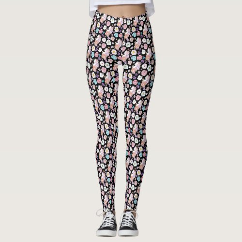 White Cat Pastel Floral Black Romantic Botanical Leggings