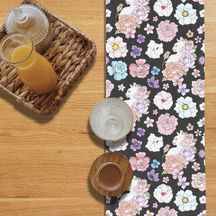 White Cat Pastel Floral Black Romantic Botanical Long Table Runner