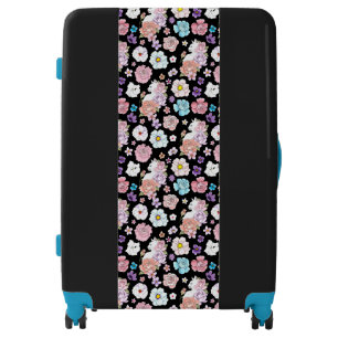 White Cat Pastel Floral Black Romantic Botanical Luggage