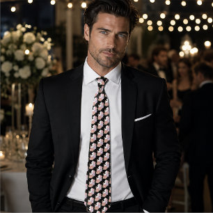 White Cat Pastel Floral Black Romantic Botanical Neck Tie