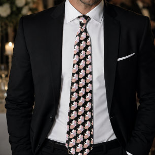 White Cat Pastel Floral Black Romantic Botanical Neck Tie
