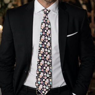 White Cat Pastel Floral Black Romantic Botanical Neck Tie