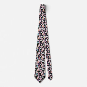 White Cat Pastel Floral Black Romantic Botanical Neck Tie