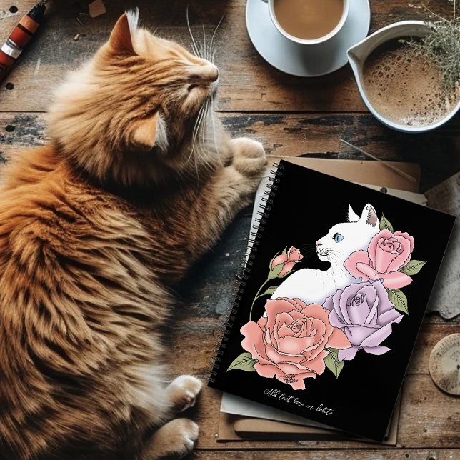 White Cat Pastel Floral Black Romantic Botanical Notebook (Creator Uploaded)