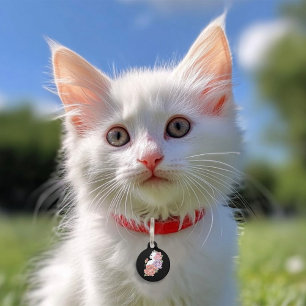 White Cat Pastel Floral Black Romantic Botanical Pet ID Tag