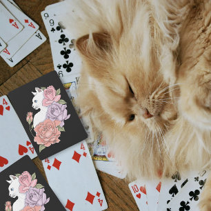 White Cat Pastel Floral Black Romantic Botanical Poker Cards
