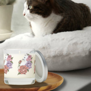 White Cat Pastel Floral Black Romantic Botanical Scented Candle