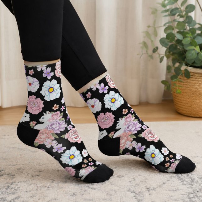 White Cat Pastel Floral Black Romantic Botanical Socks (Creator Uploaded)