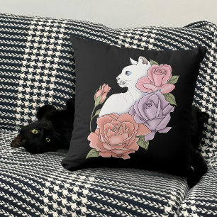 White Cat Pastel Floral Black Romantic Botanical Throw Pillow