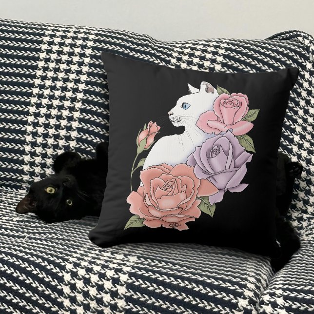 White Cat Pastel Floral Black Romantic Botanical Throw Pillow (Creator Uploaded)