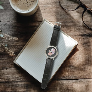 White Cat Pastel Floral Black Romantic Botanical Watch
