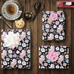 White Cat Pastel Floral Black Romantic Botanical Wrapping Paper Sheets