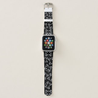 White Cat Pattern on black background Apple Watch Band