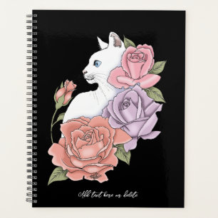 White Cat Peach Lavender Pink Roses Planner