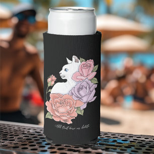 White Cat Peach Lavender Pink Roses Seltzer Can Cooler