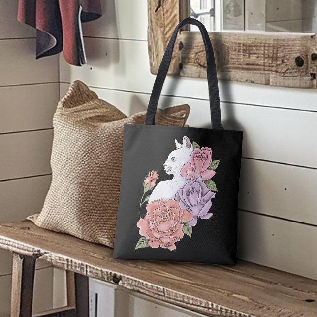 White Cat Peach Lavender Pink Roses  Tote Bag (Creator Uploaded)