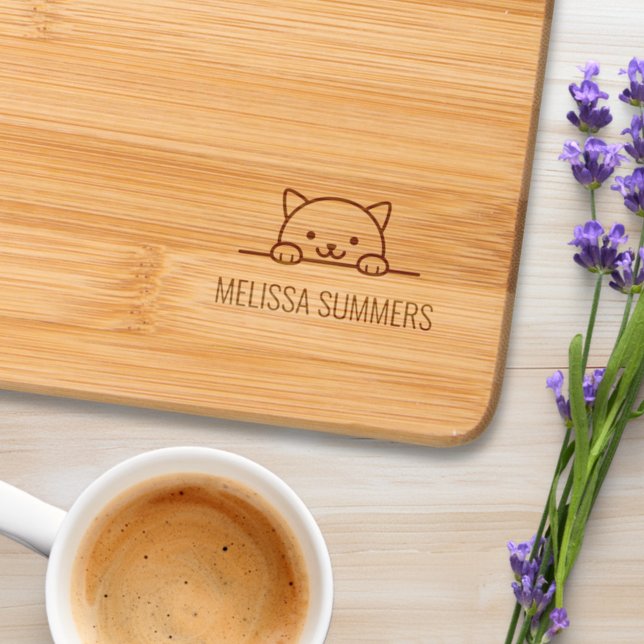 White Cat Peeking above Custom Name Engraved Cutting Board (Creator Uploaded)