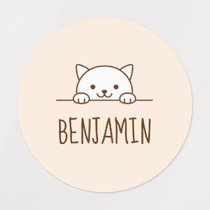 White Cat Peeking above Custom Name Kids' Labels