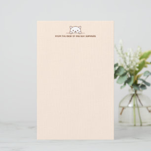 White Cat Peeking above Custom Text Beige Stationery
