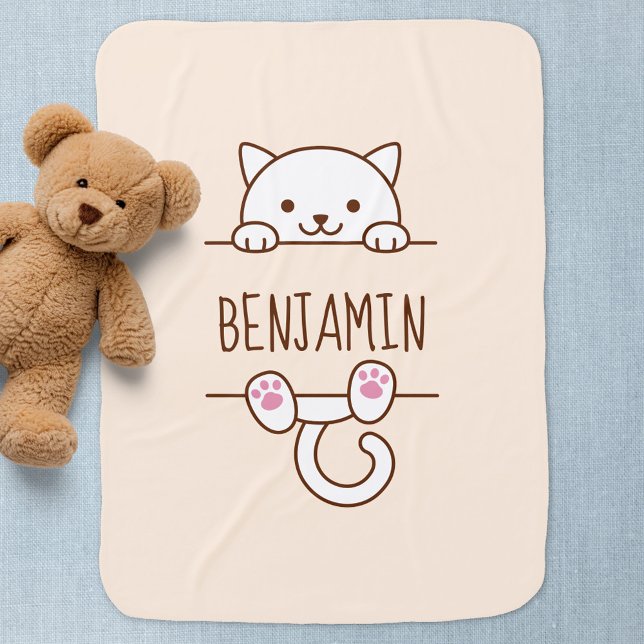 White Cat Peeking behind Custom Name Baby Blanket (Creator Uploaded)