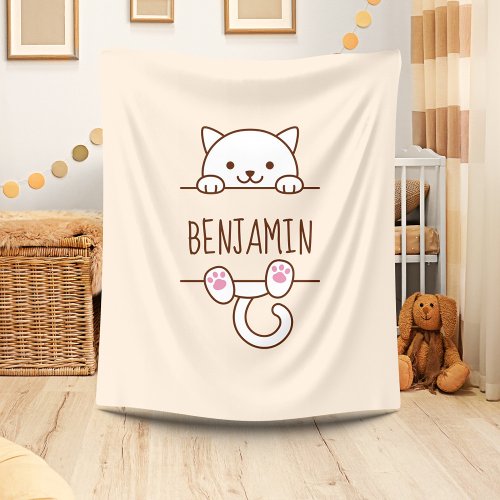 White Cat Peeking behind Custom Name Fleece Blanket