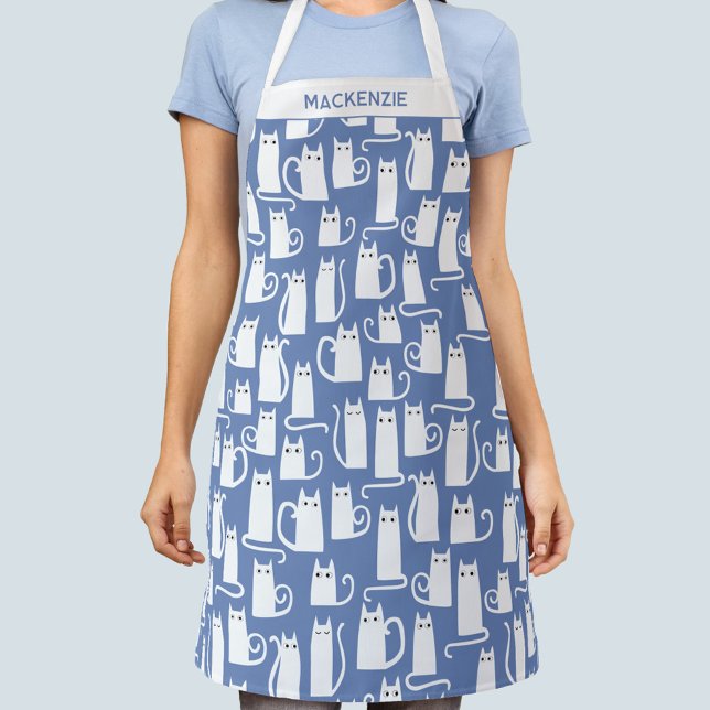 White Cat Personalized Blue Apron (Creator Uploaded)