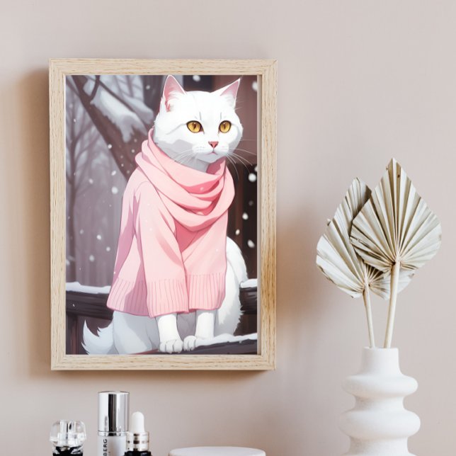 White Cat Pink Outfit Fall Winter Manga Wall Art (Creator Uploaded)