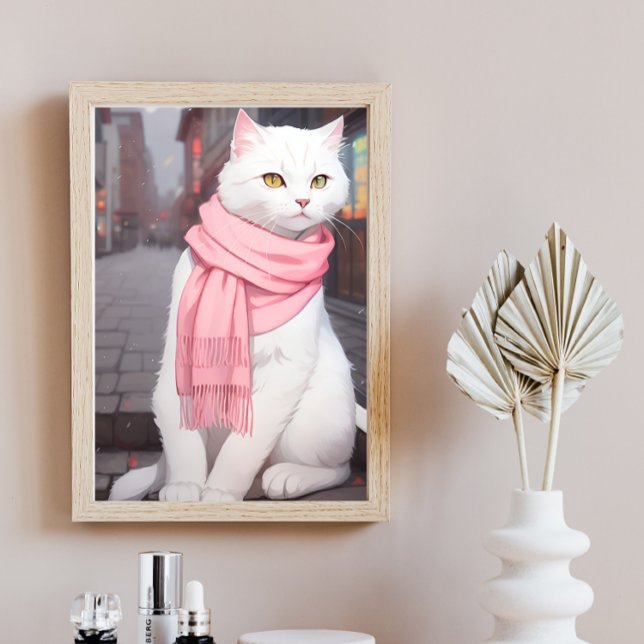 White Cat Pink Outfit Fall Winter Manga Wall Art  (Creator Uploaded)