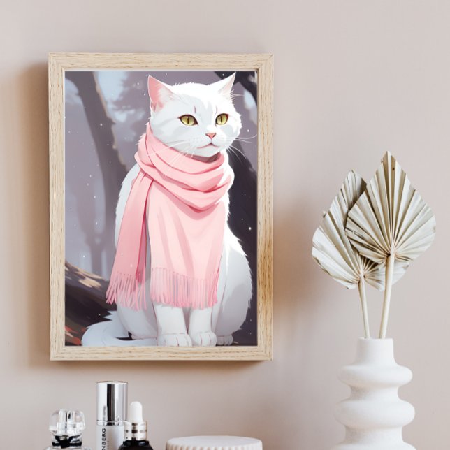 White Cat Pink Outfit Fall Winter Manga Wall Art  (Creator Uploaded)