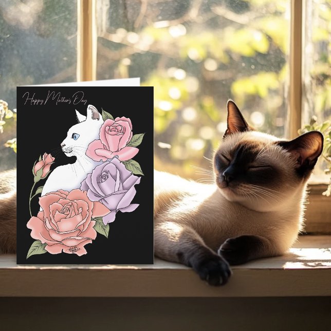 White Cat Pink Pastel Roses Black Mother's Day Card (Creator Uploaded)