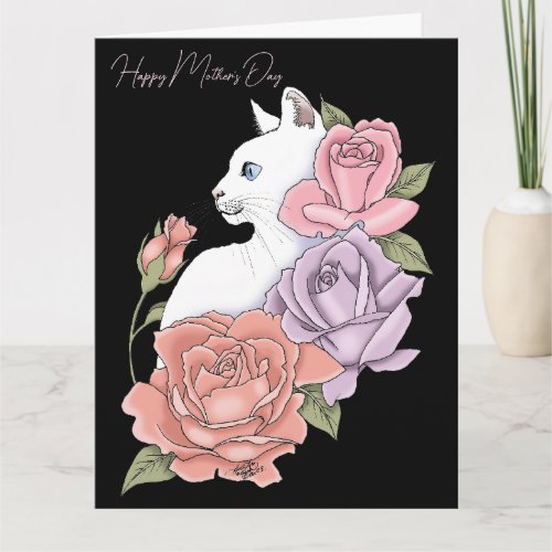 White Cat Pink Roses Mothers Day Card