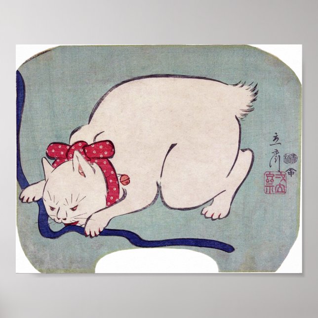 White Cat Playing With a String, Hiroshige Poster (Front)