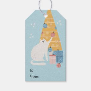 White cat plays with ornaments Christmas tree gift Tags