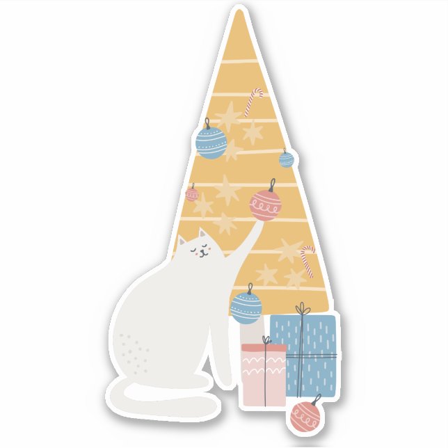 White cat plays with ornaments Christmas tree Sticker (Front)