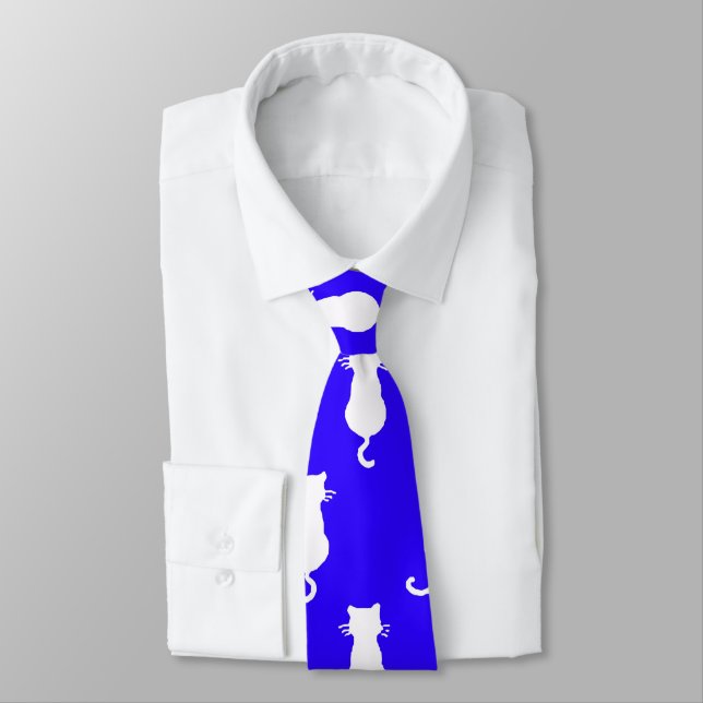 White Cat Polka Dot Pattern Isolated on Royal Blue Neck Tie (Tied)