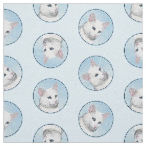 White Cat Portrait Painting Cute Original Art Fabric