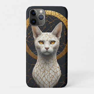 White Cat Portrait With Golden Geometric Halo iPhone 11 Pro Case