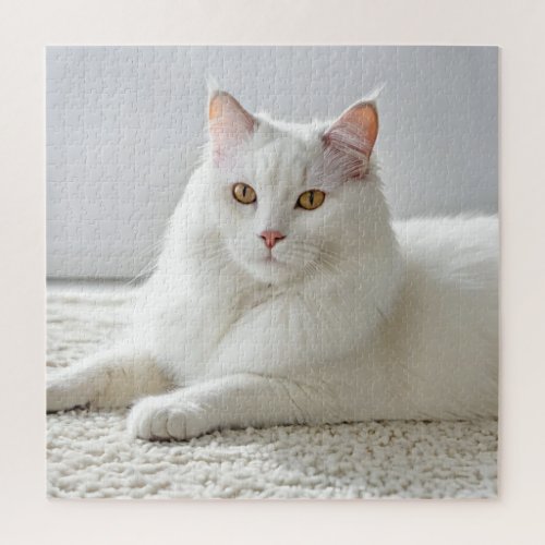White Cat Posing On White Carpet Jigsaw Puzzle